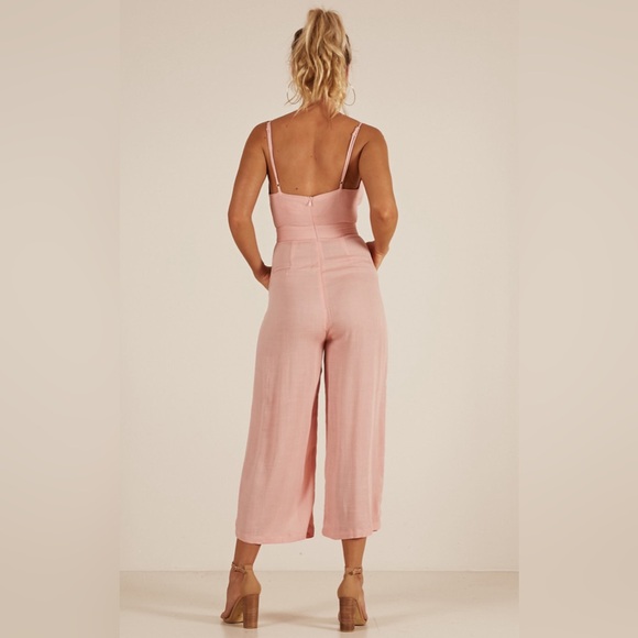 Showpo. Renewed Cut Out Tie Front Linen Look Jumpsuit in Pink Linen Look - Picture 6 of 12